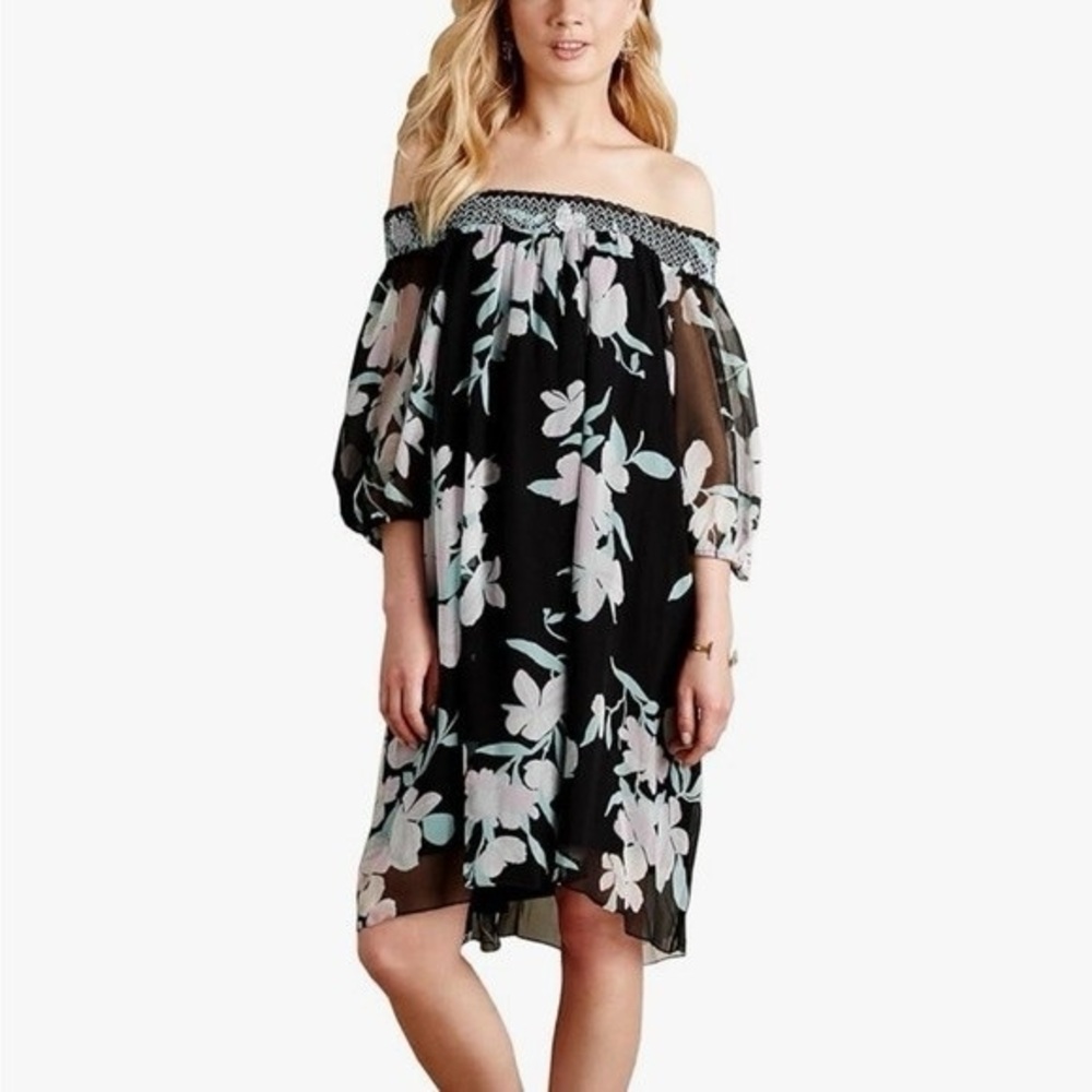 Anthropologie Maeve Floral Off-Shoulder Dress XS Boho Flowy Tropical 100% Silk